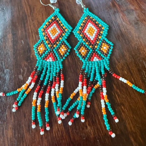 Boho Beaded Fringe Earrings – Turquoise Red Orange Southwest Diamond Pattern - Picture 4 of 4